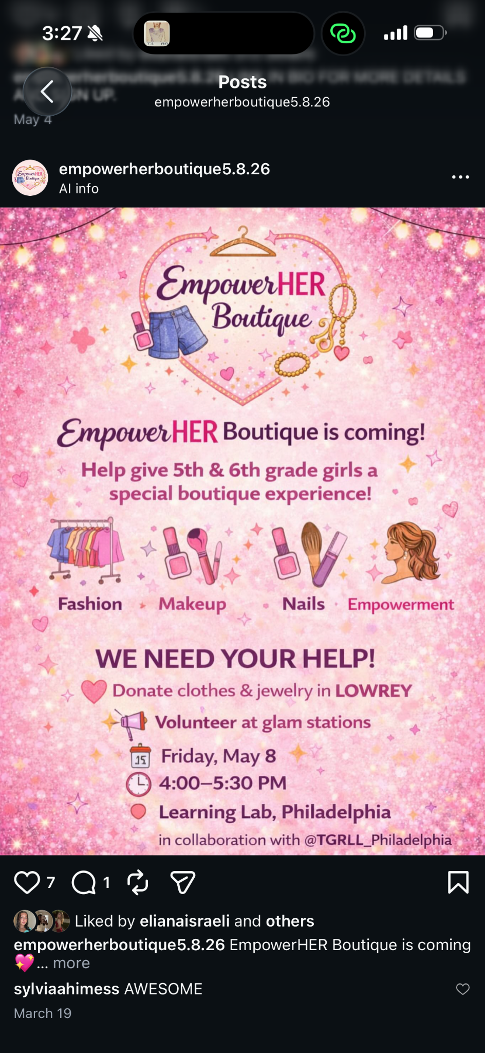 Instagram post announcing EmpowerHER Boutique and its fashion, makeup, nails, and empowerment activities